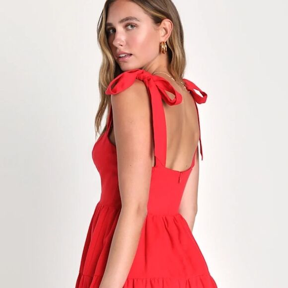 Lulu's Tier-ly Delightful Linen Blend Red Tie-Strap Tiered Bustier Mini Dress S - Picture 3 of 12
